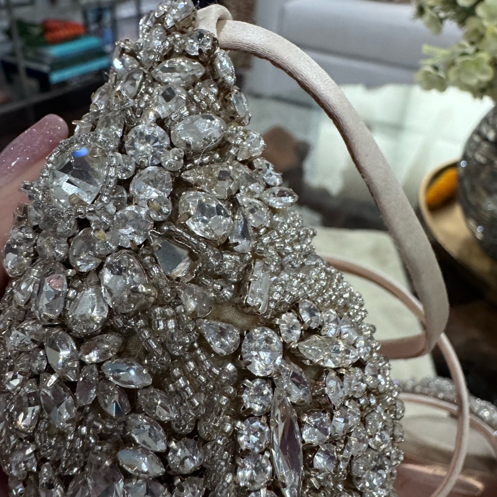 Badgley Mischka Crystal-Embellished Ivory Satin Peep-Toe Heels - Picture 7 of 8